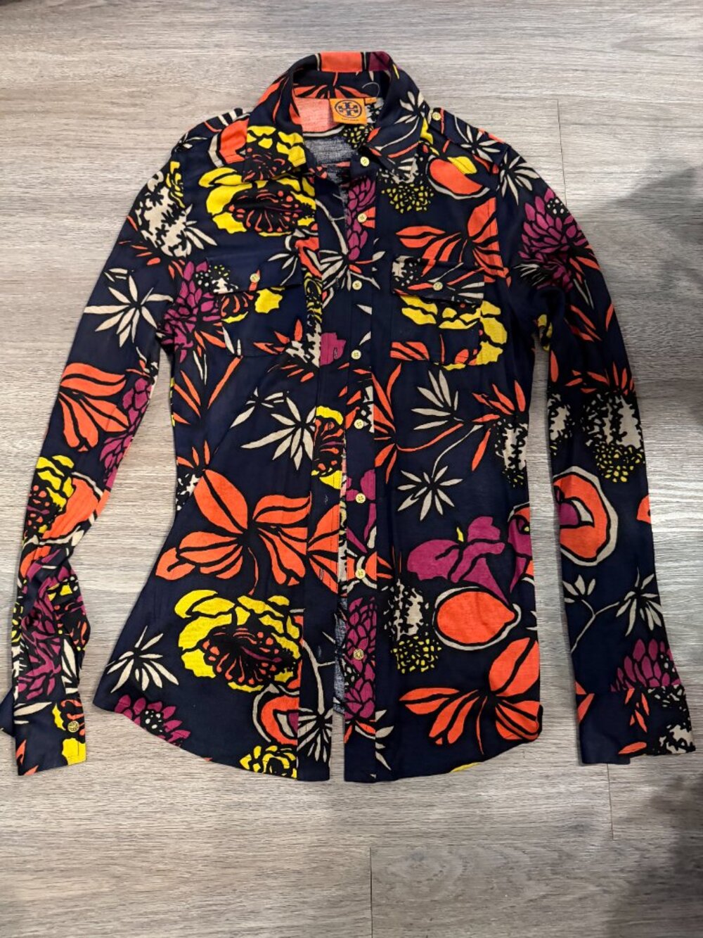 Tory Burch Floral Print Button Down Shirt Blouse Navy Multicolor S